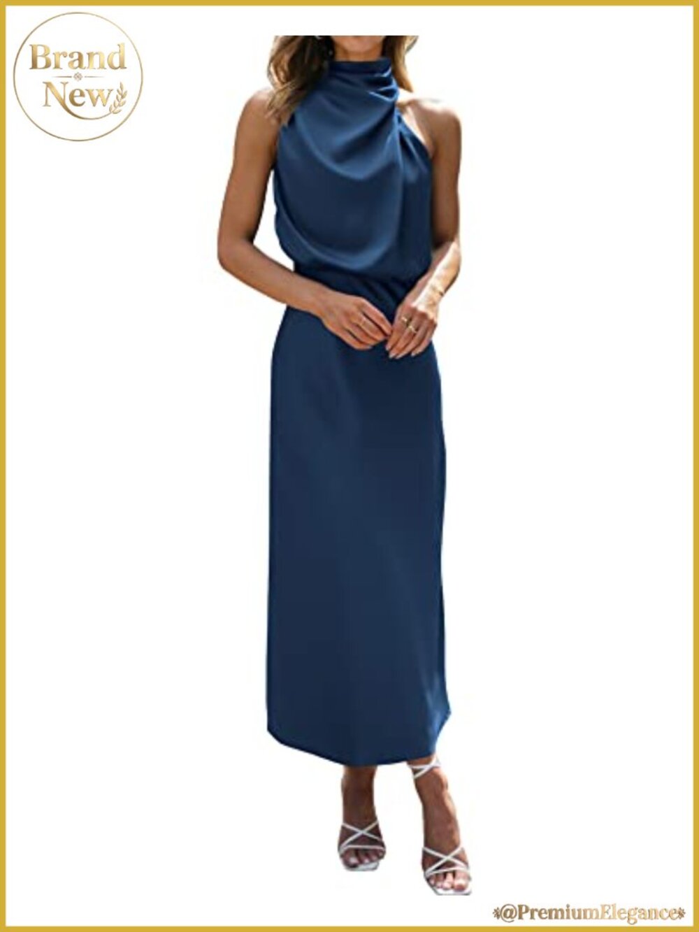 Womens Satin Mock Neck Sleeveless Maxi Formal Dress